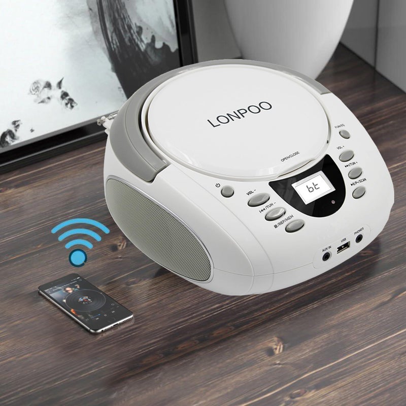 LONPOO CD Players Portable Boombox with FM Radio/USB/Bluetooth/AUX Input and Earphone Jack Output, Stereo Sound Speaker & Audio Player,White - Image 4